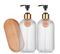 Lot de 2 distributeurs de savon transparents pour évier de cuisine avec pompe en bambou et plateau à savon 500 ml