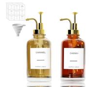 Lot de 2 distributeurs de sirop de café, 500 ml, doré, distributeur de sirop de miel, avec pompes élégantes et 36 étiquettes, entonnoir et pompe, accessoires de bar à café, bouteilles de sirop (rond)