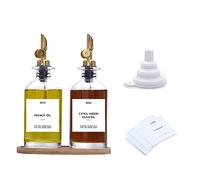 Lot de 2 distributeurs d'huile d'olive et de vinaigre avec bec verseur lesté, distributeur de sirop de café en verre étiqueté, entonnoir et plateau en bambou doré (350 ml)