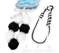Lot de 2 dragonnes de téléphone avec languette d'attache, double boule anti-perte en peluche, breloques amovibles en cuir pour sac, porte-clés, décoration d'appareil photo (noir + blanc)