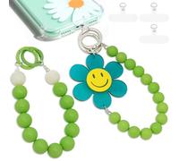 Lot de 2 dragonnes de téléphone avec languette d'attache, double cordon de poignet anti-perte, breloques amovibles pour sac, porte-clés, décoration d'appareil photo (smiley vert)