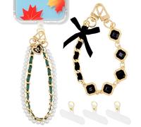 Lot de 2 dragonnes de téléphone avec languette d'attache, double nœud en cristal anti-perte - Breloques amovibles en métal perlé pour sac, porte-clés, décoration d'appareil photo (cristal noir)