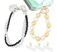 Lot de 2 dragonnes de téléphone avec languette d'attache, double perle anti-perte en forme de cœur, breloques amovibles en métal pour sac, porte-clés, décoration d'appareil photo (perle noire + grande