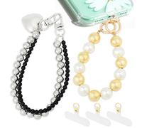 Lot de 2 dragonnes de téléphone avec languette d'attache, double perle anti-perte en forme de cœur, breloques amovibles en métal pour sac, porte-clés, décoration d'appareil photo (perle noire + grande