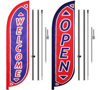 Lot de 2 drapeaux à plumes pour publicité d'entreprise, panneau de drapeau ouvert sur le thème de la bienvenue avec kit de mât de drapeau de 3 m et piquet pour décoration extérieure