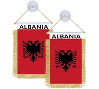 Lot de 2 drapeaux à suspendre avec sac à ventouse - 10,2 x 15,2 cm - Petites bannières albanaises à suspendre - Impression - Décoration pour bureau, maison, table, voiture (Albanie)