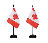 Lot de 2 drapeaux de bureau canadiens de luxe Canada, mini drapeaux de table canadiens miniatures CA avec mât solide, base noire et dessus en lance