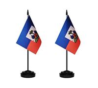 Lot de 2 drapeaux de bureau haïtiens haïtiens miniatures avec mât solide, base noire et dessus en lance