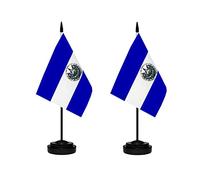 Lot de 2 drapeaux de bureau miniatures Salvadorans du Salvador avec mât solide, base noire et dessus en lance