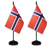 Lot de 2 drapeaux de bureau norvégiens de luxe avec mât solide, base noire et dessus en lance