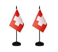 Lot de 2 drapeaux de bureau Suisse Deluxe avec mât solide, base noire et dessus en lance