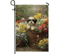 Lot De 2 Drapeaux De Jardin Chiots Vintage Tulipes 30X45Cm | Drapeaux Décoratifs D'Extérieur Inaltérable Double Stitched Yard Flag pour Plate-forme Balcon Pendre la crémaillère