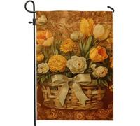 Lot De 2 Drapeaux De Jardin Panier De Fleurs Vintage Tulipes 30X45Cm | Drapeaux Décoration Double Face Imperméable Garden Flag pour Balcon Plate-forme Pendre la crémaillère