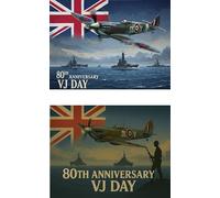 Lot de 2 drapeaux pour 80e anniversaire de la VJ Day 2025, 9 x 1,5 m, bannière de décorations souvenirs de 80 ans de la victoire du Japon, décorations patriotiques Spitfire pour la victoire, le jour