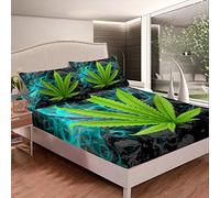Lot de 2 draps-housses en forme de feuille de cannabis vert - 160 x 200 cm - Pour Halloween - Pour enfants, garçons, filles, adultes - Fumée bleue mystérieuse