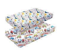 Lot de 2 draps-housses pour berceau 140 x 70 cm pour fille et garçon | Draps de lit pour bébé | Facile d'entretien en coton doux et durable, motif voiture unique et dinosaure