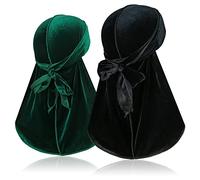 Lot de 2 durags en velours pour 360 vagues, Silky Do Rag Durag avec queue extra longue et bretelles larges pour hommes et femmes, Noir + vert., taille unique
