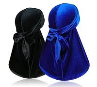 Lot de 2 durags en velours pour 360 vagues, Silky Do Rag Durag avec queue extra longue et bretelles larges, pour hommes et femmes, Noir et bleu., taille unique