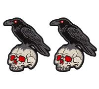 Lot de 2 écussons brodés corbeau sur crâne - Noir gothique corbeau thermocollant ou à coudre - Macabre foncé (8 x 7,6 cm)