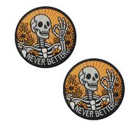 Lot de 2 écussons brodés « Never Better Positive Skeleton Skull » - Crochet et boucle drôle motard Meme santé mentale pour casques, sacs, jeans, sacs à dos, chapeaux, vêtements, vestes