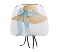 Lot de 2 élégants chapeaux de soleil en paille avec ruban bleu doux imprimé, housses élastiques et confortables pour appuie-tête de voiture pour homme et femme, s'adapte à la plupart des voitures