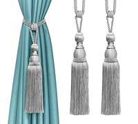 Lot de 2 embrasses de rideaux à pompons argentées - Grands pompons, style bohème - Fait à la main pour rideaux transparents lourds