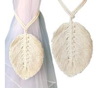 Lot de 2 embrasses de rideaux bohème, en coton macramé, avec cordon de serrage, en corde de coton beige, clips à ressort, blanc, 14,5 x 12 cm