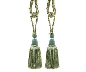 Lot de 2 embrasses élégantes pour rideaux et draperies - Longueur des pompons : 20 cm - Largeur : 76 cm - Style # TBH8 - Island Breeze Blue #5939 (bleu argenté, doré, blanc cassé)