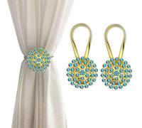 Lot de 2 embrasses magnétiques pour rideaux, motif fleur en cristal étincelant, clips à boucle avec fil à ressort hautement élastique pour décoration de maison, bureau (jaune et bleu paon)