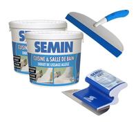 Lot de 2 enduits de lissage cuisine et sdb Semin - seau de 1 kg, une lame pour enduire - 15 cm et une raclette à lisser - 30 cm