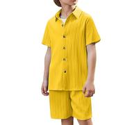 Lot De 2 Ensemble Enfant Garcon Fille T-Shirt à Manches Courtes et Short Simple Confortable Casual Jogging Sport Plage Respirant Ensemble Deux pièces Été Coton Tendance (Yellow, 7-8 Years)