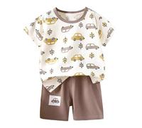 Lot De 2 Ensemble Enfant Garcon Fille T-Shirt à Manches Courtes et Short Simple Mignon Dessin Animé Fashion Plage Respirant Classique Sport Vacances Été Usage Quotidien (Khaki, 3-6 Months)