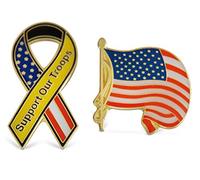 Lot de 2 épingles à cravate avec drapeau américain ondulé Support Our Troops ou chapeau avec pochette arrière Novel Merk, Medium, Métal Argent, Sans pierre précieuse