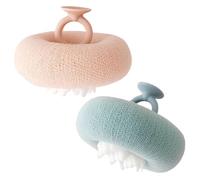 Lot de 2 éponges de bain en luffa de 11 x 11 cm, brosse à dos à ventouse, boule en maille, pouf de douche avec crochet de suspension, brosse de douche pour homme et femme