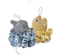 Lot de 2 éponges de douche douces en maille avec formes d'animaux marins - Grand pouf exfoliant de douche, pour le nettoyage des salles de bain de la maison et des hôtels, frotter et laver