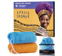 Lot de 2 éponges en filet africaines authentiques - Éponge de bain exfoliante pour le corps, bleu layette et orange - Gant de toilette pour le dos pour la douche - Accessoires de bain