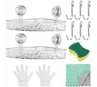 Lot de 2 étagères de rangement transparentes ondulées à ventouse - Étagère d'angle de salle de bain sans perçage avec 6 crochets, éponge, chiffon et paire de gants, organiseur mural en plastique pour