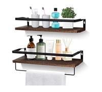 Lot De 2 Étagères Flottantes Avec Porte-Serviette, Support Mural En Bois | Lot De 2 Étagères 40x15x7.5cm, 10kg Chacune, Rail Métallique & Porte-serviette, 4 Finitions En Bois