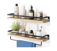 Lot De 2 Étagères Flottantes Avec Porte-Serviette, Support Mural En Bois | Lot De 2 Étagères 40x15x7.5cm, 10kg Chacune, Rail Métallique & Porte-serviette, 4 Finitions En Bois
