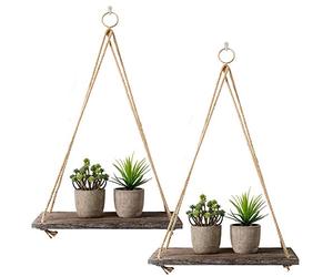Lot de 2 étagères flottantes rustiques en bois avec corde à suspendre - Étagères flottantes rustiques en bois vieilli - Décoration murale - Étagère flottante avec crochets pour salon (taille L)