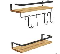 HOMCOM Lot de 2 étagères murales en Bois de pin, Longueur de 43 cm, avec 6 Crochets Amovibles en Acier, Style Industriel, étagère à épices, pour Cuisine, Salle à Manger, Salon, Naturel et Noir