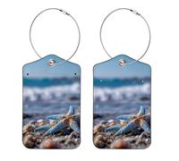 Lot de 2 étiquettes à bagages pour femmes, étiquette d'identification de valise durable, motif océan, plage, étoile de mer, coquillage, bleu ciel (1)