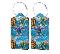 Lot de 2 étiquettes à bagages pour valise, motif petites tortues marines, en cuir PU, avec boucle en acier inoxydable et carte d'adresse.
