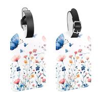 Lot de 2 étiquettes à bagages pour valises, motif fleurs sauvages bleues et roses colorées avec papillons, en cuir PU, pour l'identification du nom et la protection de la vie privée de vos effets per