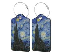 Lot de 2 étiquettes à bagages pour valises, motif Van Gogh, la Nuit étoilée, en cuir, avec étiquette d'identification et boucle en acier inoxydable pour homme et femme