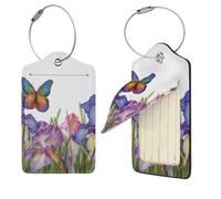 Lot de 2 étiquettes de bagage en cuir avec boucle en acier inoxydable et carte d'adresse pour sac de voyage - Motif fleur d'iris et papillon