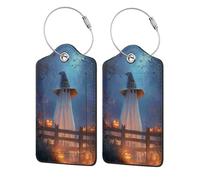Lot de 2 étiquettes de bagage en cuir avec rabat d'intimité et boucle en métal pour femme et homme - Motif fantôme d'Halloween perché derrière une clôture en bois