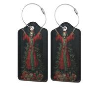 Lot de 2 étiquettes de bagage en cuir avec rabat d'intimité, étiquette d'identification et boucle en métal pour femme et homme Motif squelette rouge et vert