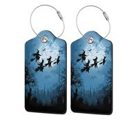 Lot de 2 étiquettes de bagage en cuir avec rabat d'intimité, étiquette d'identification et boucle en métal pour femme et homme Motif sorcières volant sur balai pleine lune