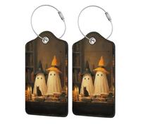 Lot de 2 étiquettes de bagage en cuir avec rabat d'intimité, étiquette d'identification et boucle en métal pour femme et homme avec deux fantômes mignons et chat noir